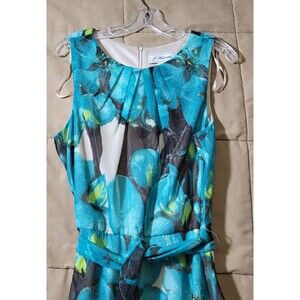 Vintage J. Howard Floral Fit & Flare Dress Turquoise Blue Women's 14